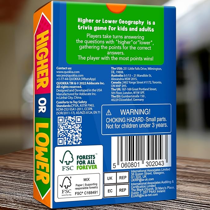 QUOKKA Trivia Board Games for Kids and Adults - Version V2.0 - Family Night Geography Games 4xSet Higher or Lower Trivia Cards | Guess Fun Questions | 2 + Players - Challenge Your Geography Knowledge