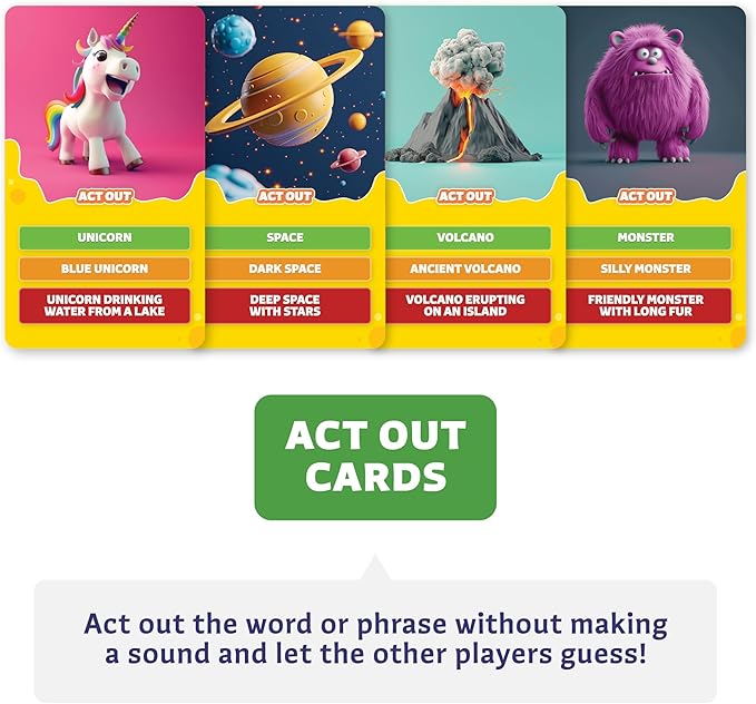 Epic Charades Game for Kids Ages 6+ – 200 Act Out & Explain Cards with Illustrations & Timer – Fun Educational Game for Family, Party, Classroom & Travel