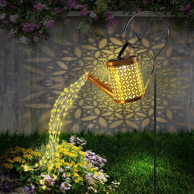 Solar Watering Can with Lights, Outdoor Garden Decor, Hanging Lantern Waterproof, Metal Solar Waterfall Lights for Yard Patio