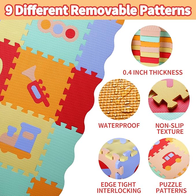 Coolcandy Baby Play Mat, 25Pcs Interlocking Puzzle Floor Mat, with Safety Fence - 0.4" Thick Non-Toxic EVA Foam Play Mat, for Infants & Toddlers 3-36 Months, Soft Puzzle Tiles for Play Areas