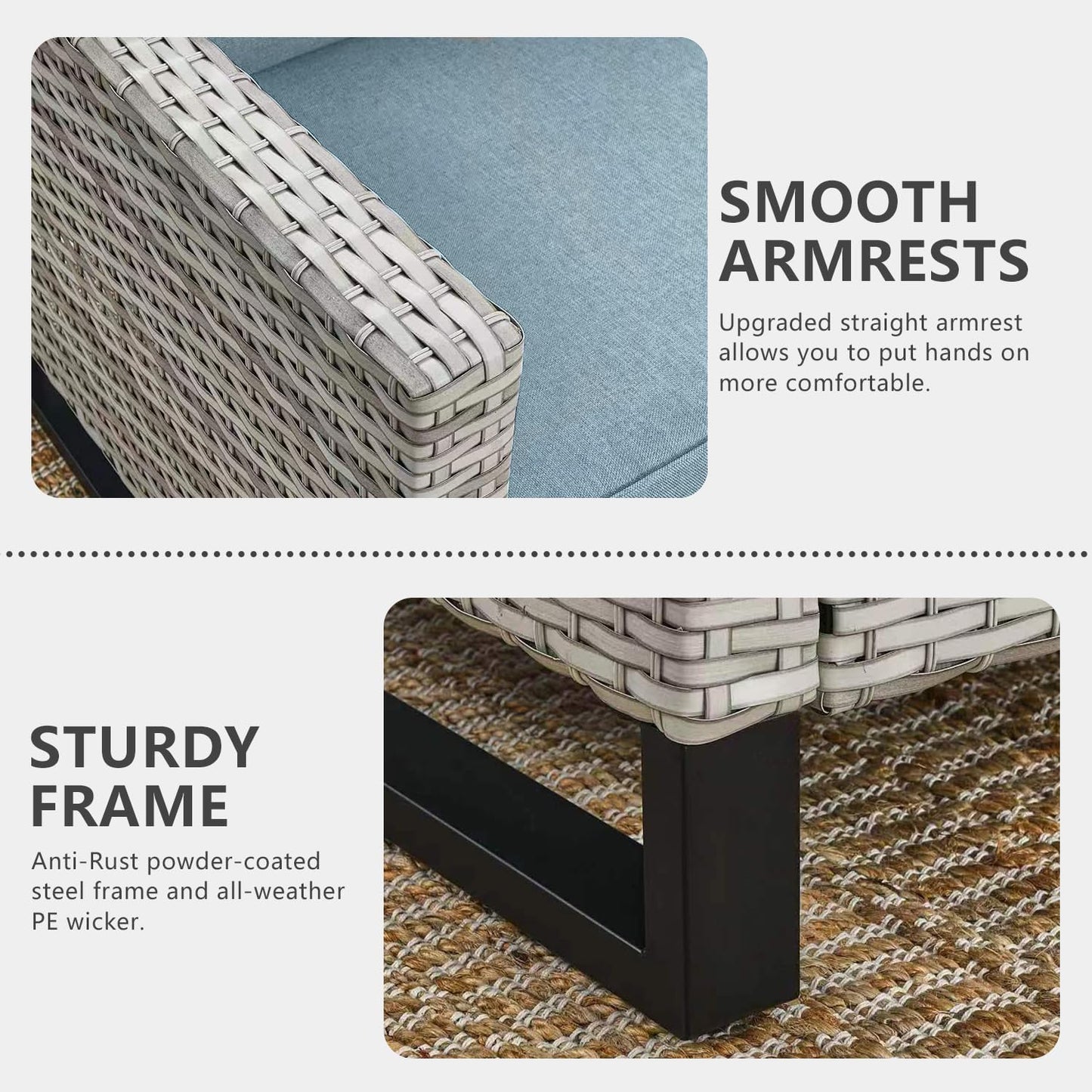 HUMMUH 3-Piece Outdoor PE Wicker Patio Chairs with Metal Frame, Porch Chairs with 4 inch Seat Cushions - Light Blue