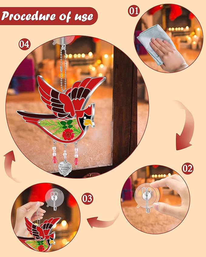 KY&BOSAM Cardinal Suncatcher Stain Glass My Precious Sister Had-Painted Sun Catcher Hanging for Window Wind Chime Gifts for Sister Mother`s Day Valentine's Birthday Christmas Thanksgiving