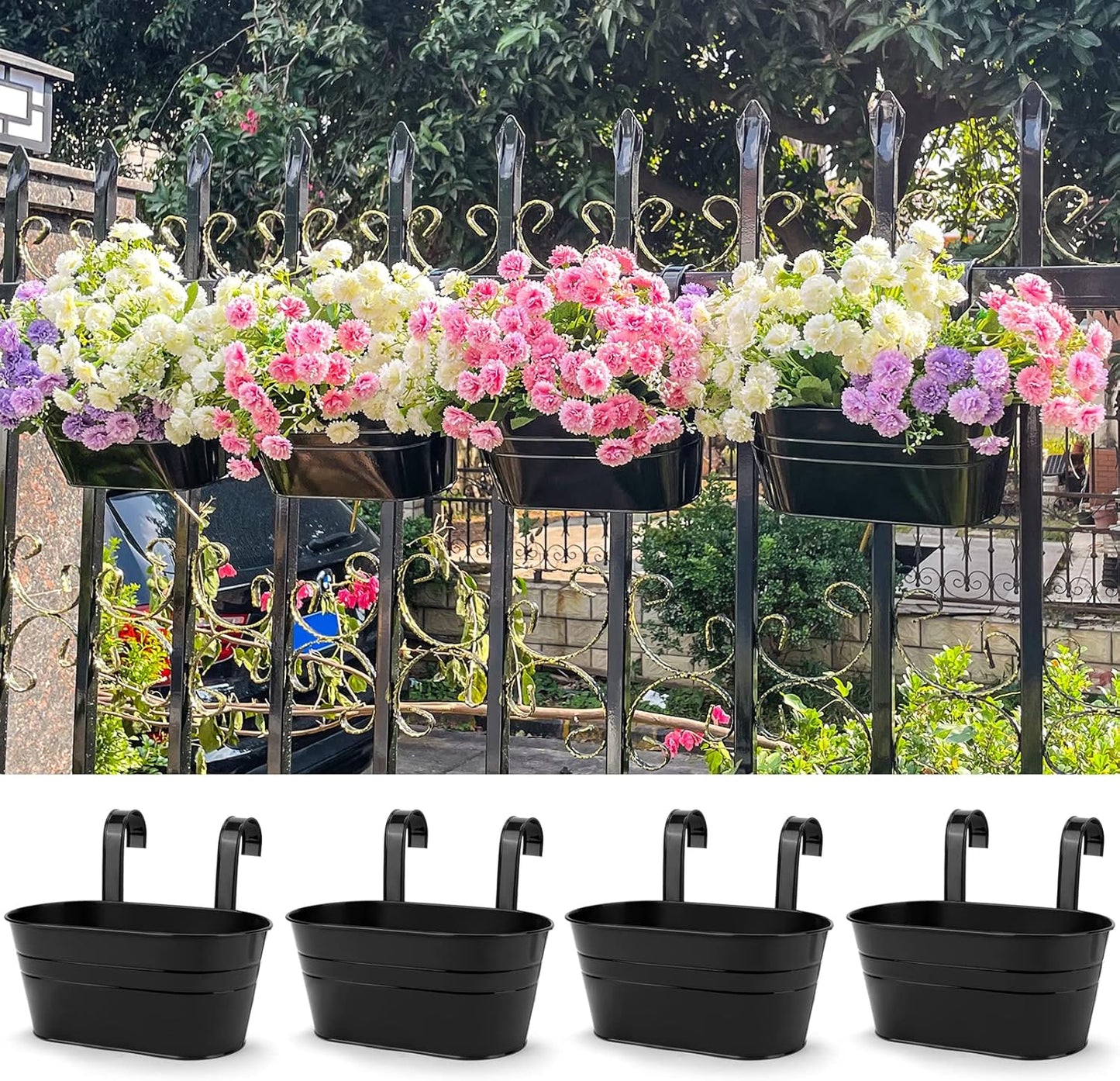 OGIMA 4pcs Hanging Flower Pots, Metal Iron Wall Planter Indoor/Outdoor for Railing Fence Balcony Garden Home Decoration with Detachable Hooks