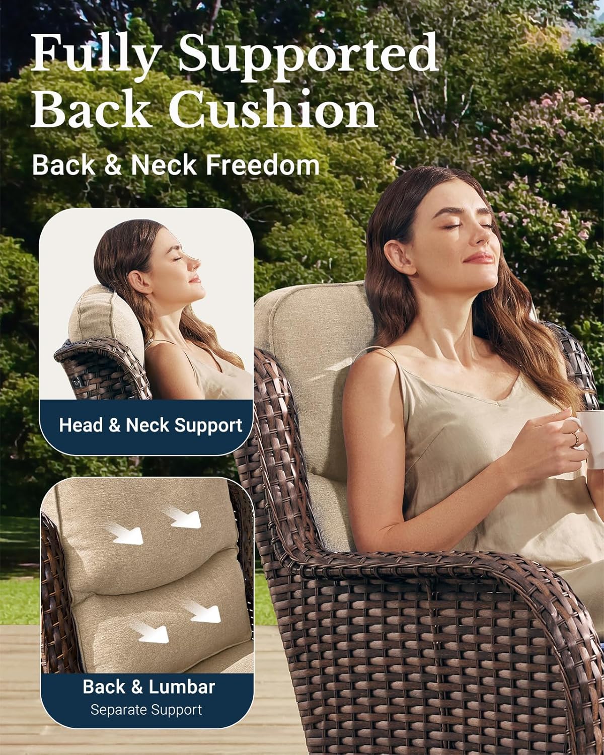 HILLGA Luxury Patio Furniture Set with 6-inch Thick Cushion, Outdoor Couch, Loveseat and High Back Swivel Rocker Patio Chairs, 7PCS Wicker Conversation Set for Deck Yard and Poolside, Beige (V2)