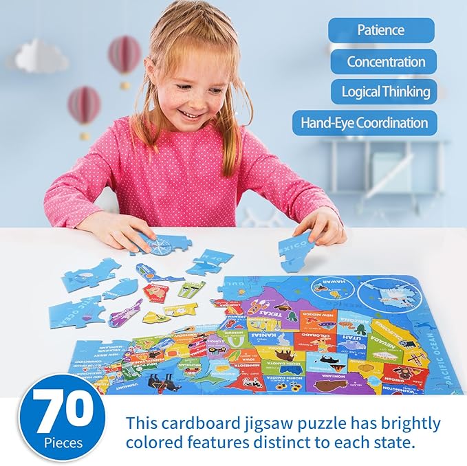 TAOZI&LIZHI Floor Puzzles for Kids Ages 4-6, 6-8, 70 Piece US Map 50 States with Capitals Large Toddler Puzzle Age 2-4, Jigsaw Puzzles for Kids Ages 3-5, Geography Puzzles Toys Gift for 4-8 Years Old