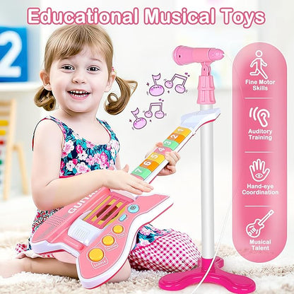 deAO Kids Guitar and Microphone Set with Stand Adjustable Height Music Light Karaoke Music Toys Christmas Birthday Gift for Kids Boys Girls (Pink)