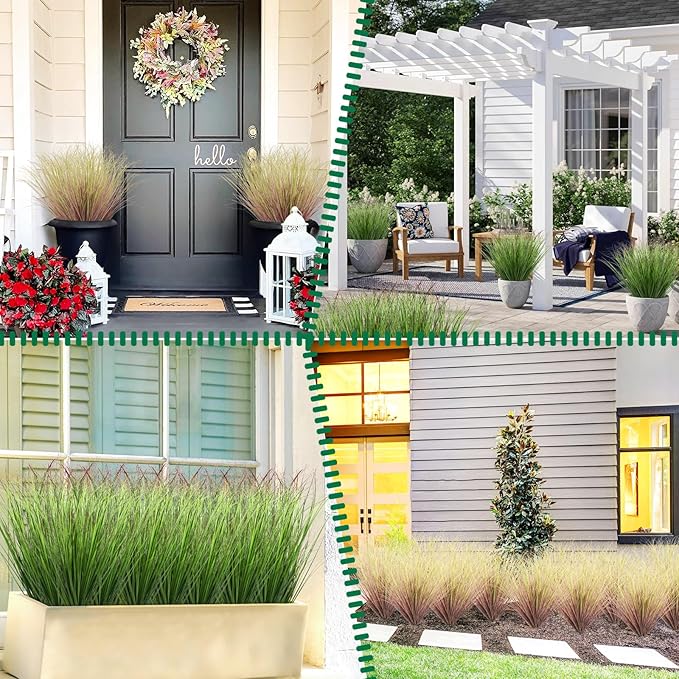 36Pcs Artificial Grass Plants, Faux Shrubs Wheat Grass, Fake Tall Grass Plants for Outdoor Decor, Greenery Stems Weed for Room Indoor Home Decor（Green Red Tail