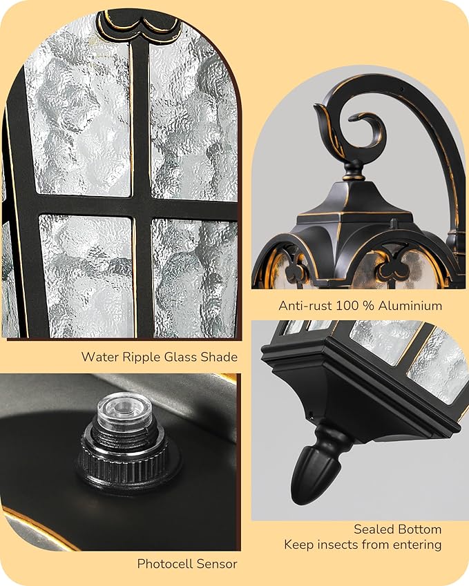 EDISHINE 2 Pack Dusk to Dawn Outdoor Wall Lights, Porch Lights with GFCI Outlet, Retro Black Outdoor Wall Lantern, Waterproof Outside Exterior Light Fixture for Front Door, Patio, Garage, E26 Socket