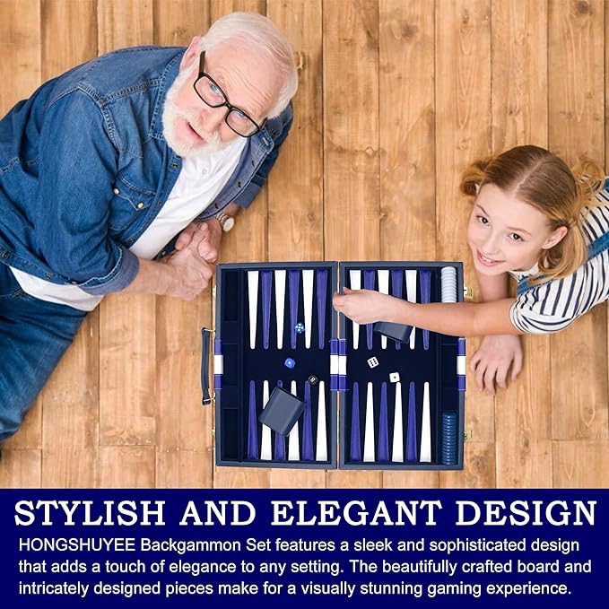 Backgammon Sets for Adults, 15 inch Backgammon Blue Sets Classic Board Game with Premium Leather Case, Portable Travels Strategy Backgammon Game Set for Adults, Kids (Blue)
