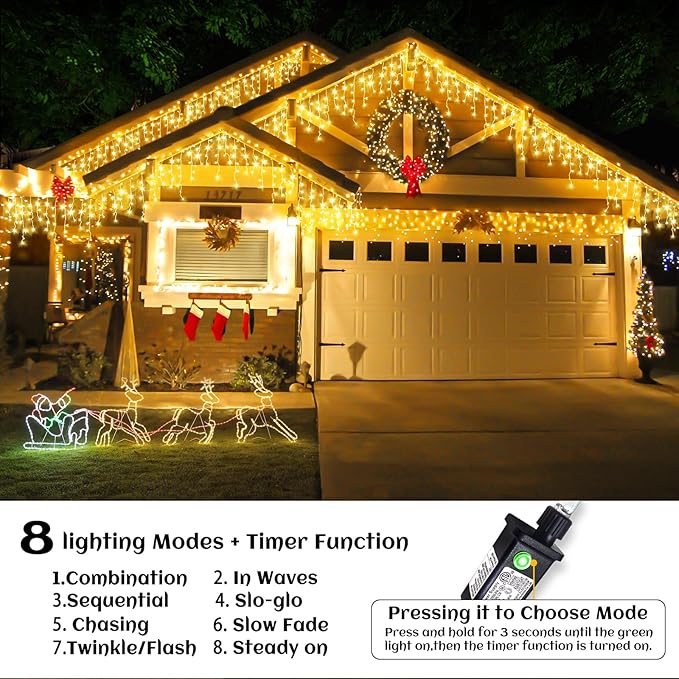 Icicle lights Outdoor - 33ft Christmas Lights with 400LED 75 Drops 8 Modes, Plug in Curtain String Lights Waterproof for Holiday Wedding Party Home Garden Bedroom Indoor Outdoor Decoration,Warm White