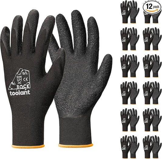 toolant Crinkle Latex Work Gloves Bulk, Rubber Coated Safety Work Gloves for Men and Women, 12 Pairs for Construction, Gardening, Warehouse (Black, XXL)