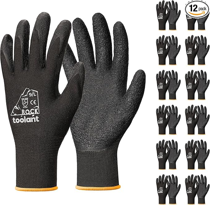 toolant Crinkle Latex Work Gloves Bulk, Rubber Coated Safety Work Gloves for Men and Women, 12 Pairs for Construction, Gardening, Warehouse (Black, Medium)