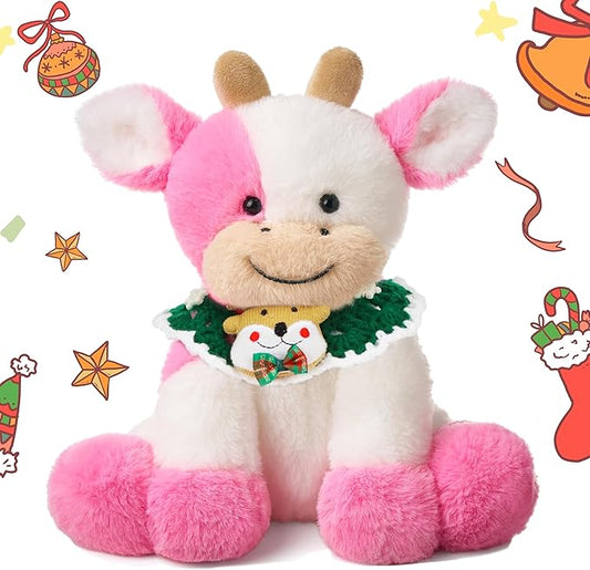 Hopearl Adorable Christmas Plush Cow Toy Floppy Dairy Cattle Soft Stuffed Animal Cute Xmas Gifts for Boys Girls Kids Toddlers, Pink, 9''