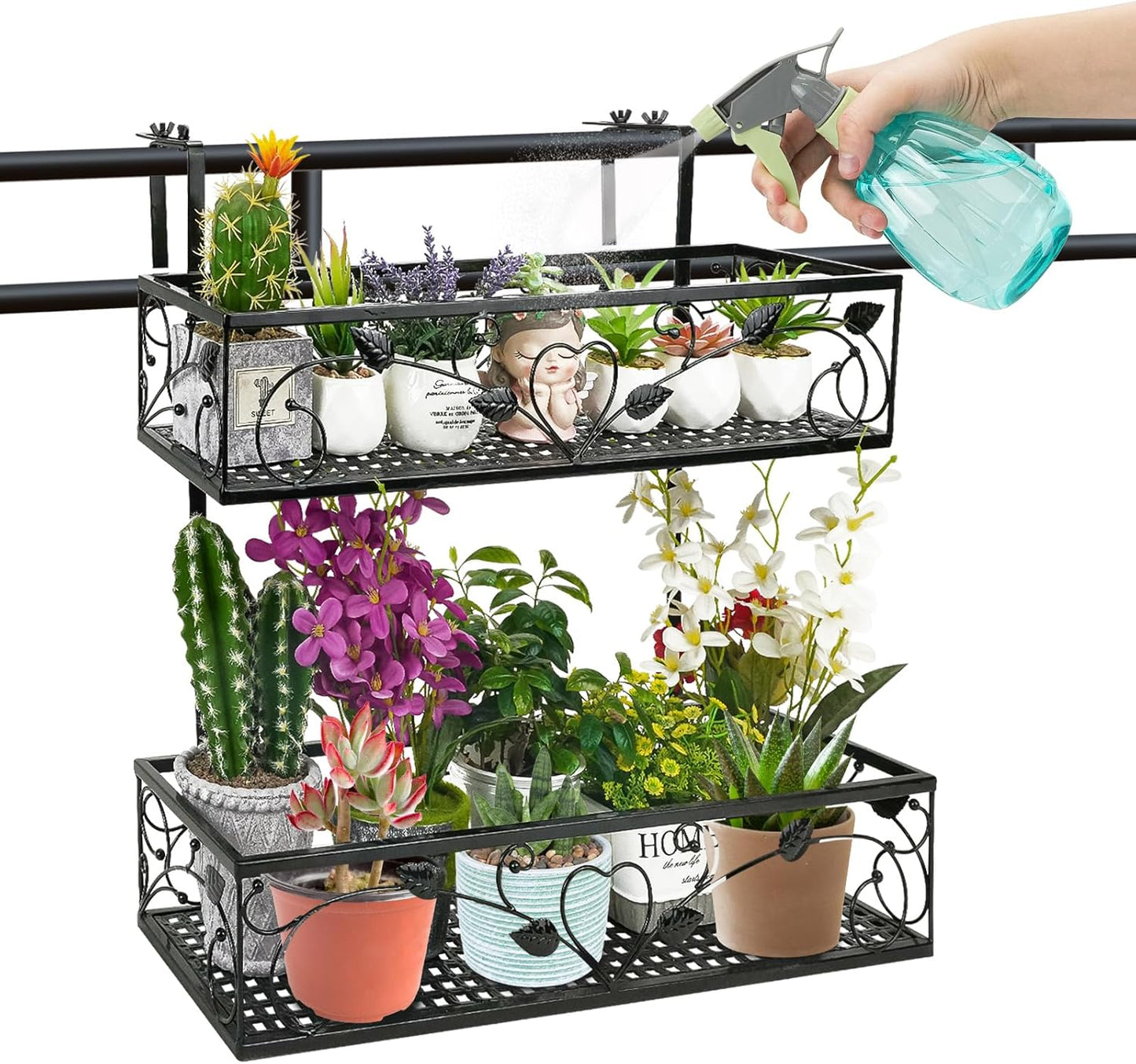 2-Tier Outdoor Flower Pot Stand Rack, Balcony Patio Railing Hanging Shelf Basket,Iron Height Adjustable Hanging Plants Container Holder with 1pc Spray Bottle for Yard Fence Garden Decor,Black