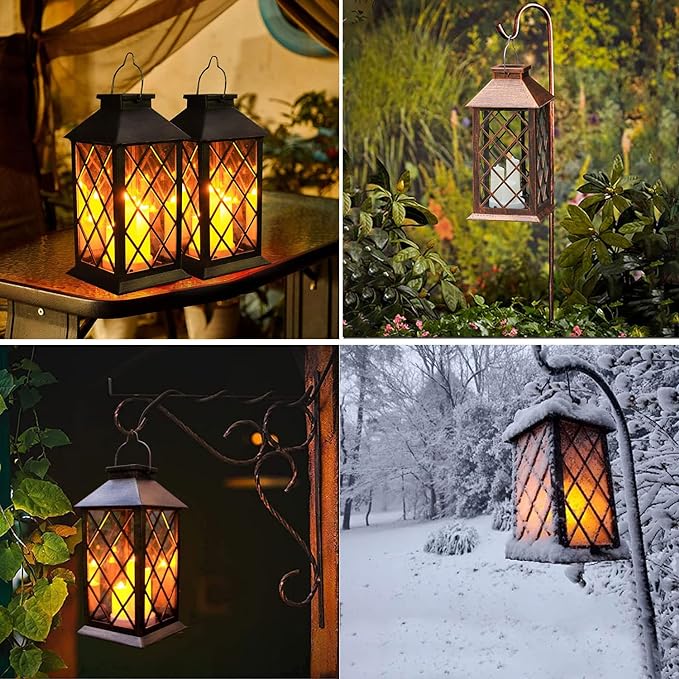Solar Outdoor Lantern, Garden Hanging Waterproof Lanterns PVC Upgrade 3 LED Flickering Flameless Candle Decorative for Garden Women Mom Grandma Halloween Gifts (Grid Candle)