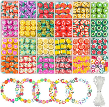 Gionlion Fruit Polymer Clay Beads Bracelet Making Kit, Colorful Clay Beads with Lemon, Strawberry, Avocado, and Watermelon Designs for DIY Jewelry, Bracelet & Necklace Making Crafts