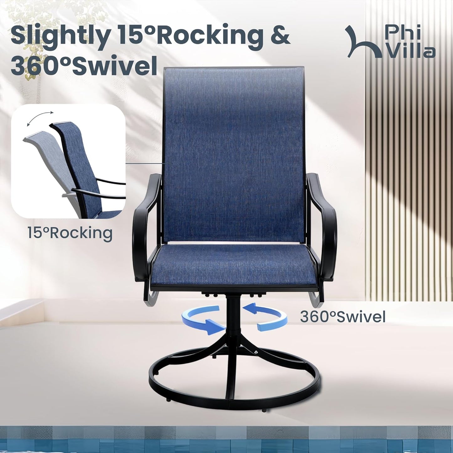 PHI VILLA 5 PCS Outdoor Patio Dining Set with Swivel Dining Chairs (Blue) and 37"x 37" Metal Steel Dining Table(1.57" Umbrella Hole), All Weather Patio Dining Furniture Set for Deck Lawn Garden