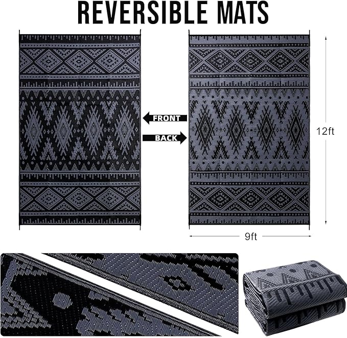 OLANLY Outdoor Rug Waterproof 9x12 ft, Reversible Outdoor Plastic Straw Rug, Boho Patio Rug, Indoor Outdoor Carpet, RV Mat Outside for Patio, Camp, Picnic, Balcony, Deck, Backyard, Black & Grey