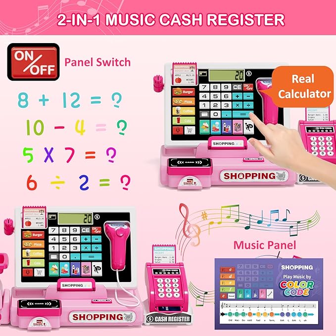 63PCS Cash Register for Kids, Kids Cash Register with Real Calculator, Pretend Play Store with Music/Motorized Conveyor/Play Money/Food Toys, Learning Toys for Boys Girls 3+, Pink