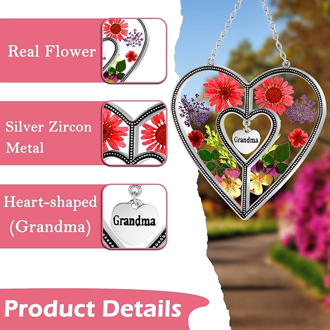 KY&BOSAM Suncatcher Stained Glass Grandma Heart Gifts for Women Mother`s Day Grandma Gift Gifts for Grandma from Daughter Son Indoor Decor Yard Decor for Mother Day Christmas Birthday Gift