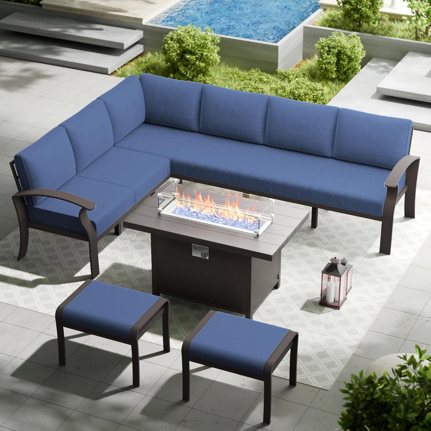 Aluminum Patio Furniture Set with Fire Pit Table, 8 Seats Outdoor Patio Conversation Set Modern Metal Patio Sectional Sofa w/5.1" Upgrade Cushions for Porch, Patio, Backyard(Navy Blue).