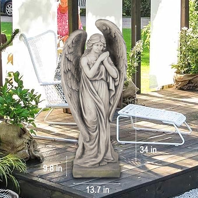 Outdoor Statues Angel Décor Garden Statue - 34 inch Large Garden Angels Outdoor Religious Statues Catholic Resin Concrete Finish Yard Patio Deck Home Entryway Hallway Sculpture 13.7 * 9.8 * 34 Inch