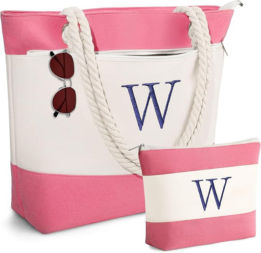 YOOLIFE Beach Bags for Women - Initial Tote Waterproof Bag with Makeup Bag, Mothers Day Gifts for Women Mom Friend Birthday