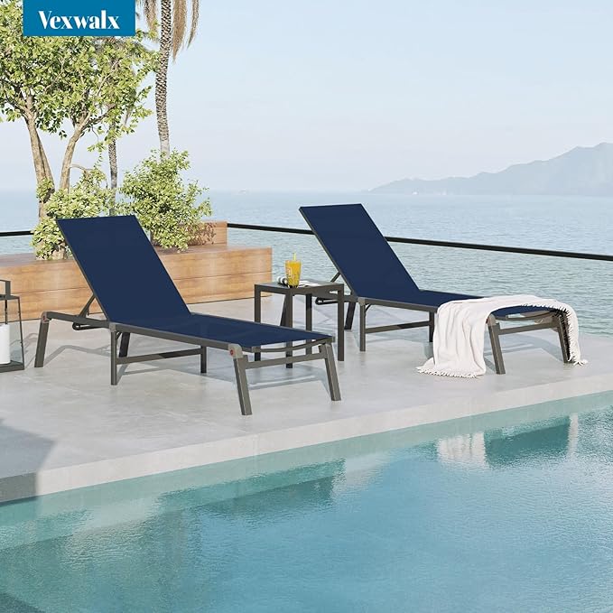 Chaise Lounge Outdoor, Foldable Aluminum Pool Lounge Chairs with 5 Positions Recliner - Free Assembly - Patio Chaise Lounge Chair for Poolside, Beach, Yard (NavyBlue)