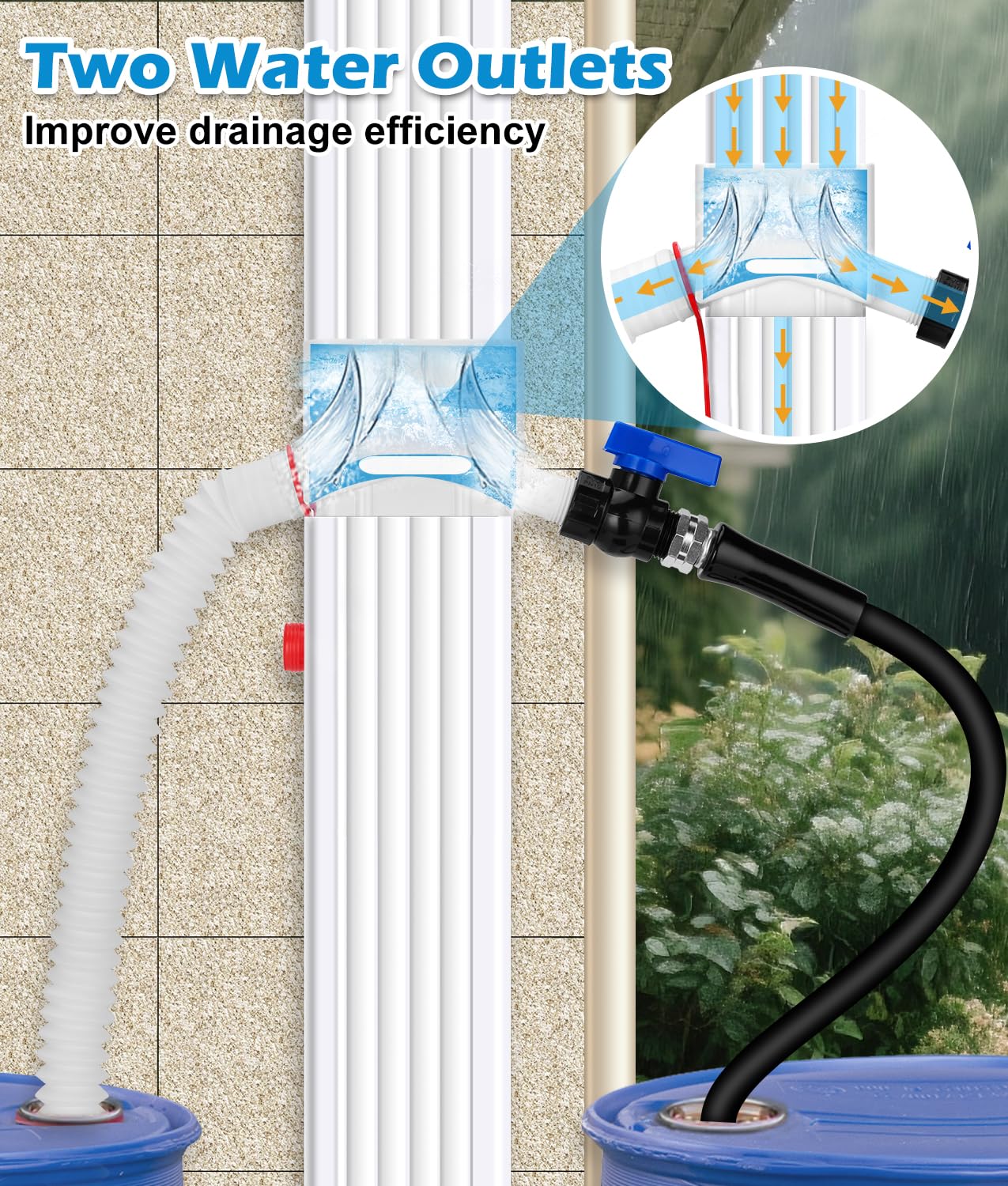 Downspout Diverter, WADEO Rain Barrel Diverter Fits for 3"x 4" Oversize Downspout, Rainwater Collection System with Two Water Outlets, 3/4" PVC Spigot and 5FT Hose to Collect Rainwater from Gutter