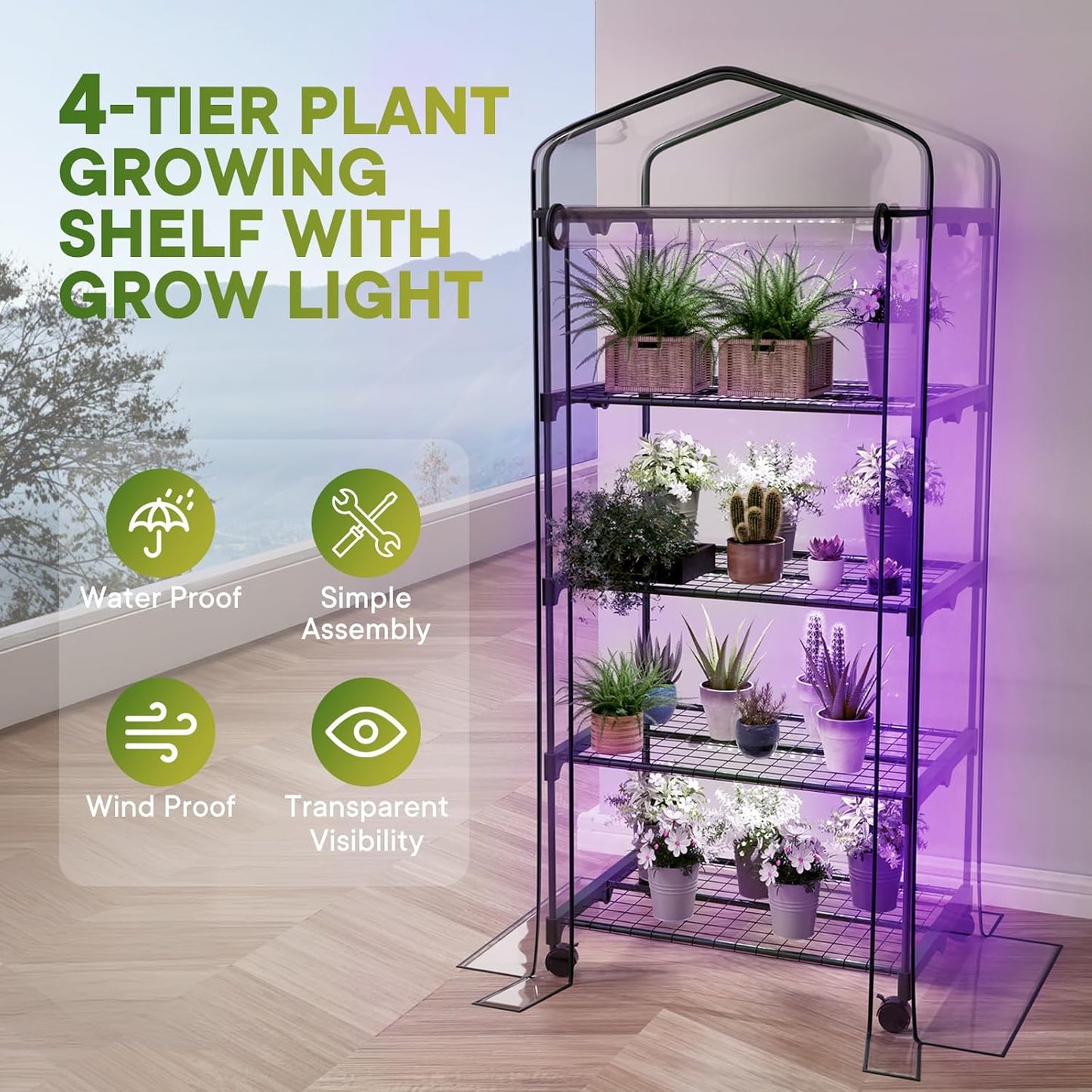 Indoor Greenhouse with Grow Lights & Wheels, 4 Tier Wire Shelf PVC Tent Portable Mini Green House Cabinet Kit for Plant Seed Starting
