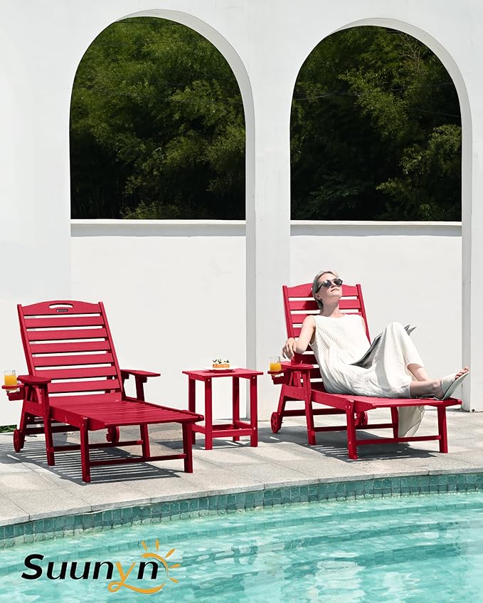 Chaise Lounge Chair Outdoor with Wheels, 6-Position Adjustable HDPE Chaise Lounge Chair with Cup Holder, Outdoor Chair for Pool Poolside Deck Backyard Patio, Red