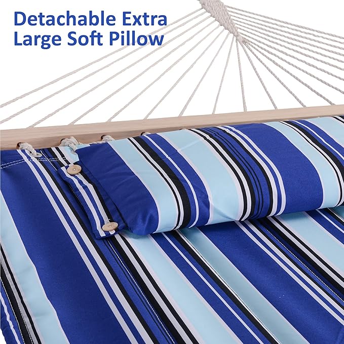 SUNCREAT Two Person Hammock with Stand Heavy Duty, Free Standing Hammocks Outdoors for 2 Person, Max 475lbs Capacity, Blue Stripes