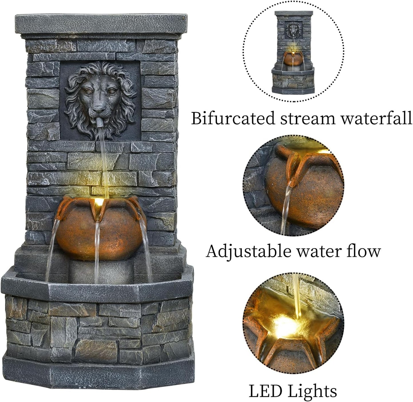 32.28'' Outdoor Garden Floor-Standing Water Fountain Lion Head Stone with Lights Outdoor Waterfall for Patio, Backyard, Deck, Porch and Home Art Decor