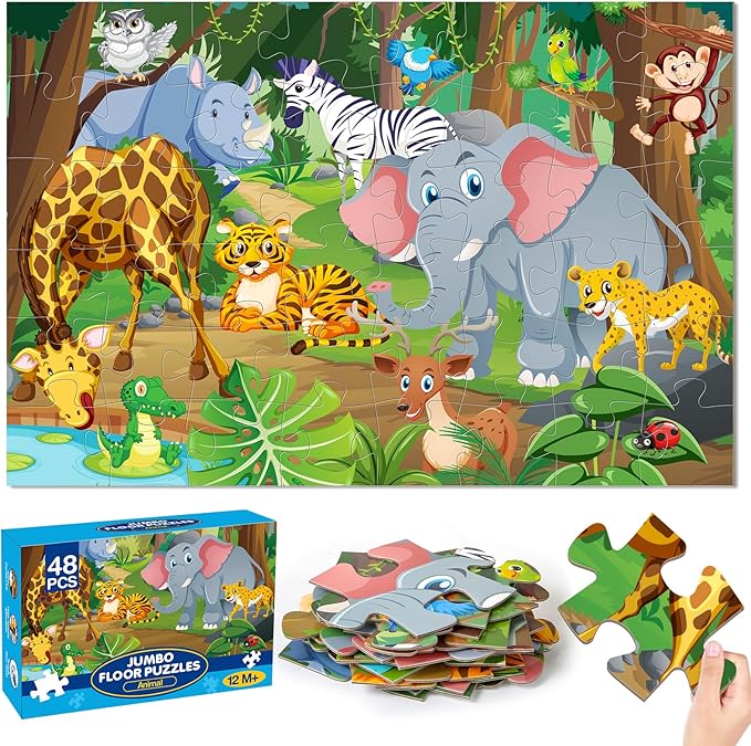 Animals Floor Puzzle for Kids - 48 Pieces Large Animals Jigsaw Puzzles for Kids 3-5 Year Old, Toddler Learning Preschool Educational Toys 12 Month+, Perfect Birthday Christmas Gifts for Boys Girls