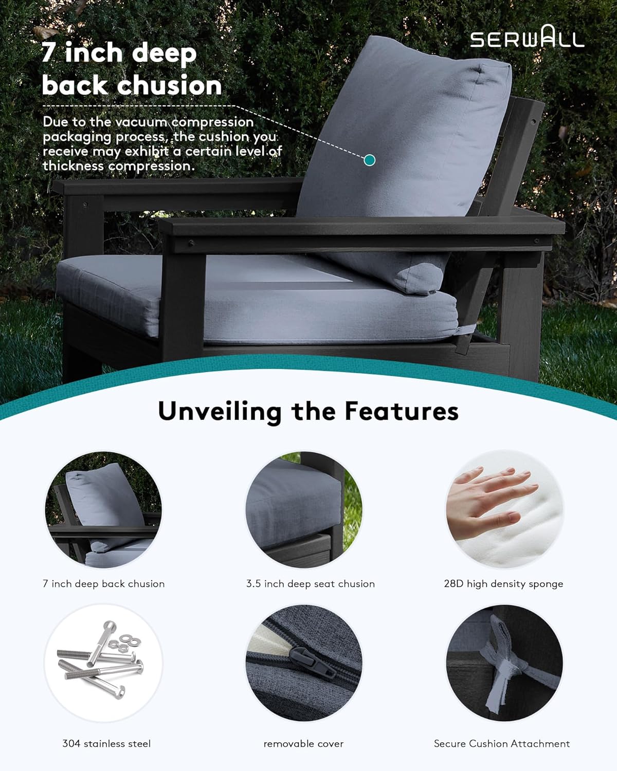 SERWALL HDPE Patio Conversation Set, 6-Piece Sectional Outdoor Furniture Set, All Weather Outdoor Couch Set Patio Furniture Set for Deck, Lawn, Black Frame with Grey Cushion