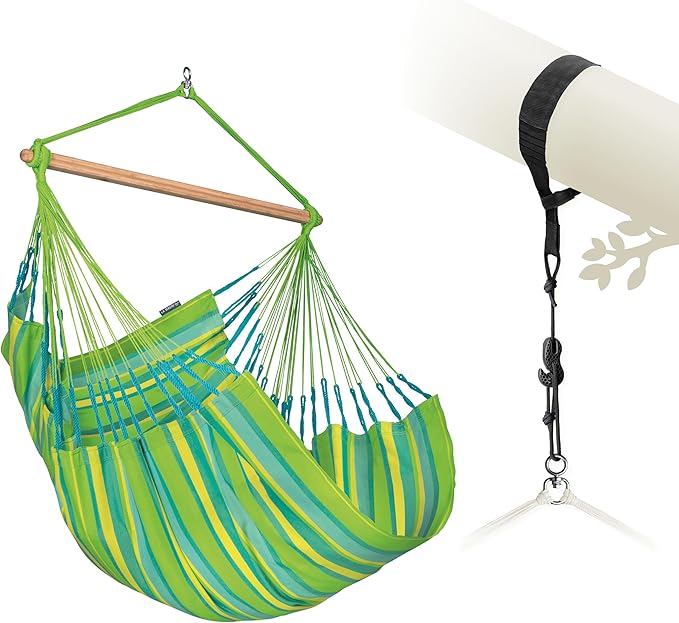 LA SIESTA® Large Comfort Domingo Hammock Chair Swing & Tree Mount Kit - Suspension Kit for Trees Beams Posts - Weatherproof, Outdoor Indoor Hammock Swing - Hanging Chair for Bedroom Patio - Lime