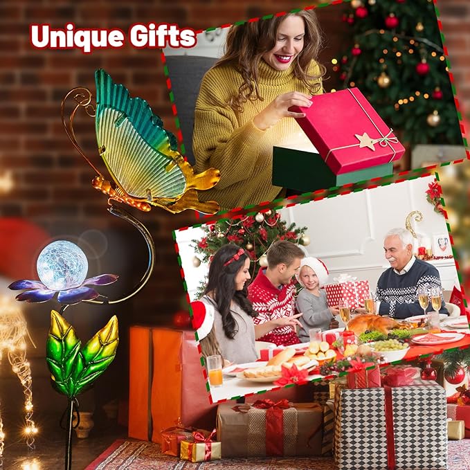 HONGLAND Solar Butterfly Garden Lights, Outdoor Lights Garden Decor for Outside, Flower Yard Decorations, Metal Yard Art for Patio Decor, Gifts for Mom