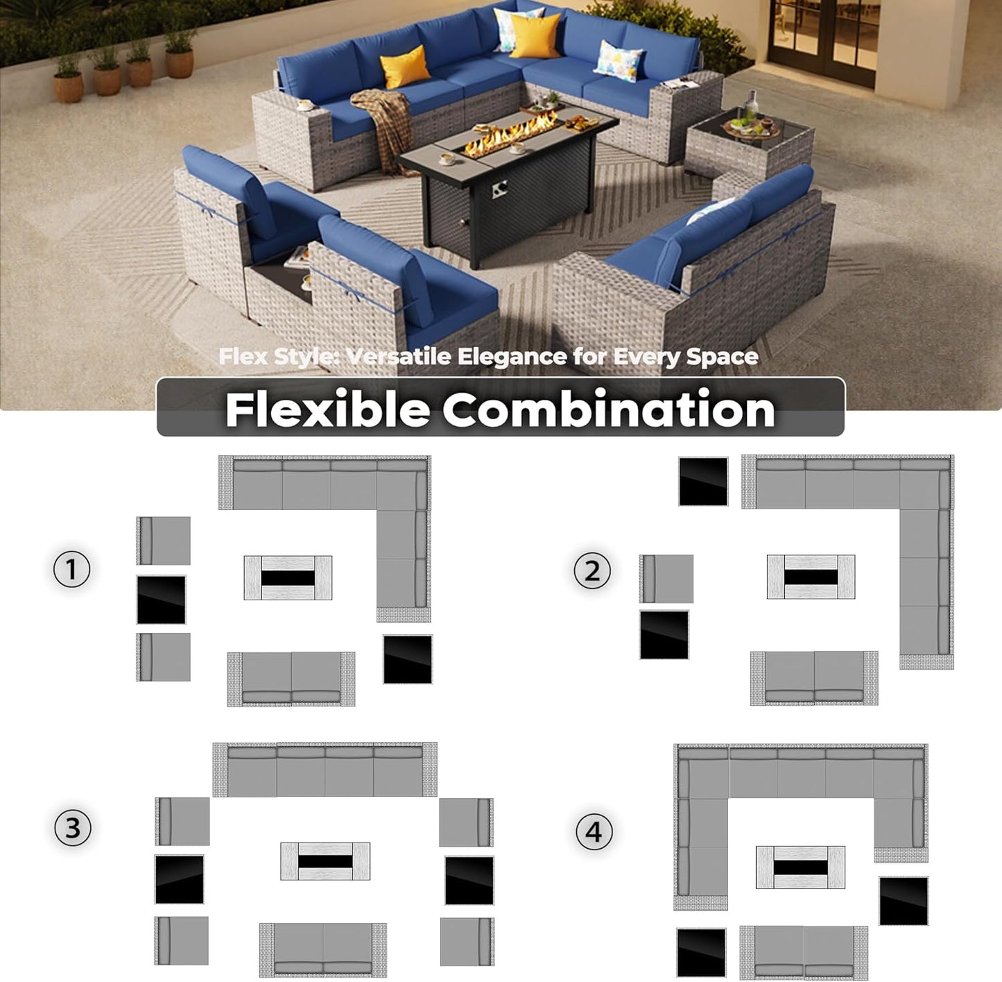 ovios 13 Pieces Patio Furniture Set, Outdoor Wicker Sectional Sofa with 54 Inch Fire Pit Table Comfy Cushions, Modern Modular Deep Seat Rattan Couch Conversation Set, Navy Blue