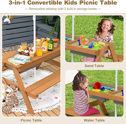 Costzon Kids Picnic Table with Sensory Bins, 4 in 1 Sand and Water Table with Height Adjustable Umbrella, Removable Tabletop, Wooden Kids Outdoor Table for Backyard Patio Play