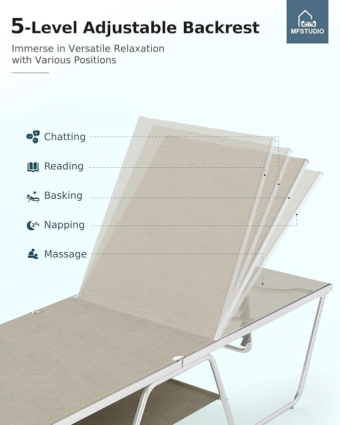 MFSTUDIO Outdoor Chaise Lounge Chair, Patio Recliner Lounge Chair with 5 Adjustable Positions, Patio Pool Tanning Lounger Chair, Textilene, All Weather Use