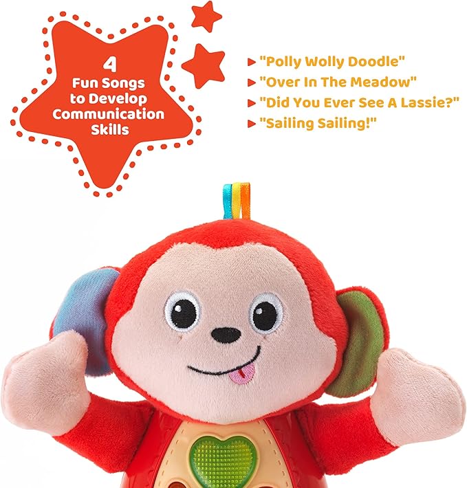 KiddoLab Musical Monkey Plush Toy - Soft Stuffed Animal with Light-Up Buttons and Melodic Nursery Songs for 3+ Month Old Babies