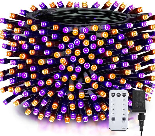 Minetom 196FT Purple & Orange Halloween Lights, 600 LED Halloween Fairy String Lights with 8 Modes, Plug in Orange Purple Hanging Twinkle Lights for Party Garden Bedroom Halloween Decorations