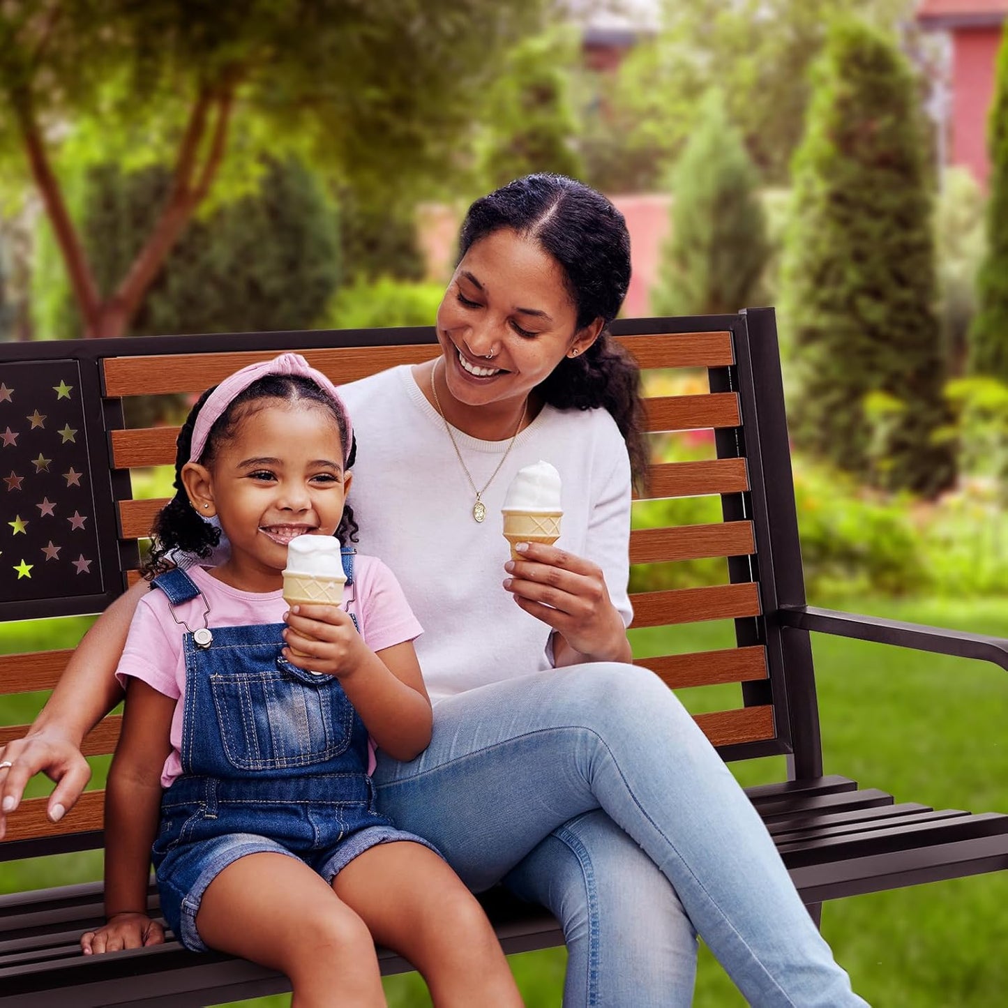 𝐀𝐭𝐭𝐥𝐢𝐚𝐬𝐚𝐥𝐨𝐧 50” Outdoor Bench Garden Bench with American Flag Style, Sturdy Cast Iron Metal Frame Patio Park Bench for Porch Yard Lawn Deck Park