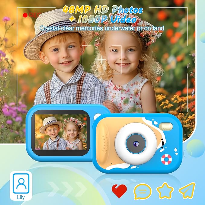 Kids Camera Waterproof IP68, 1080P HD Underwater Camera for Kids Ages 3-12 with Toy-Grade ABS Plastic, Kids Digital Camera for Children Outdoor Swimming Snorkeling Birthday Gift, Blue