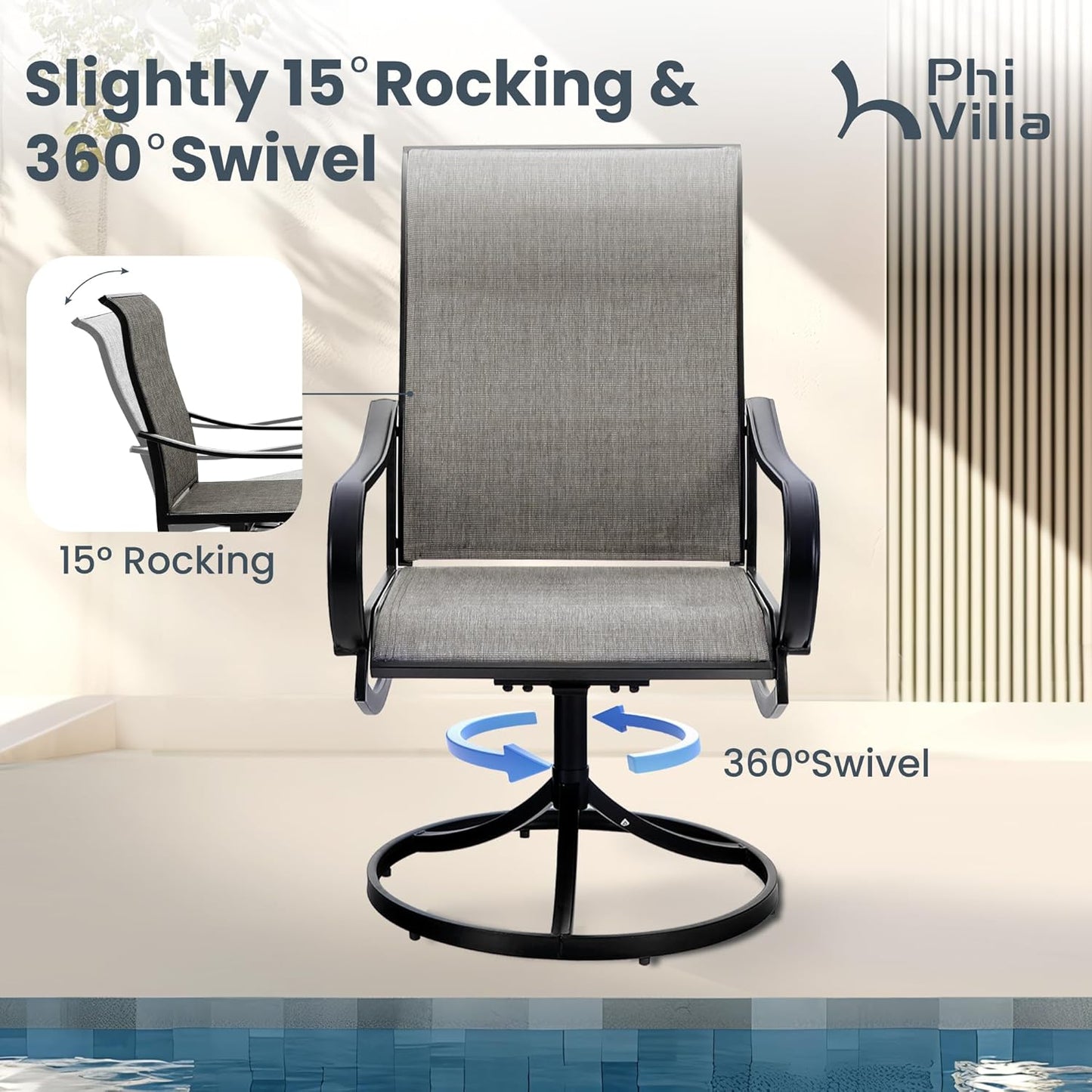 PHI VILLA Patio Dining Set 5 Piece, 4 Breathable Textilene Swivel Patio Chairs and 1 Round Metal Table with 1.57" Umbrella Hole, All Weather Resistant for Lawn Garden