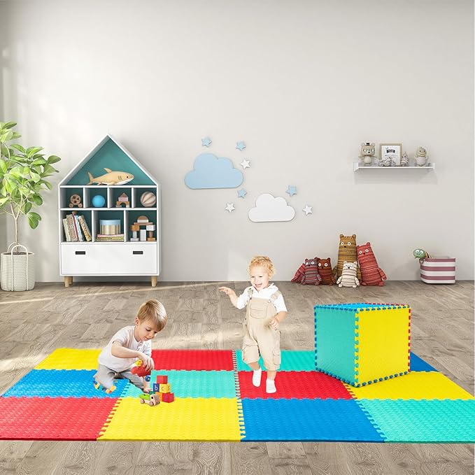 HONEY JOY Foam Floor Tiles for Kids, EVA Interlocking Baby Soft Puzzle Play Mat with Borders, Non-Slip Large Carpet Rug, for Baby Crawling Exercise & Development, Playroom, Bedroom (12 Pieces)