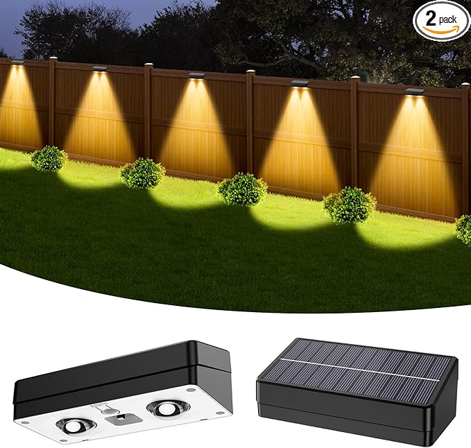 Solar Fence Lights Outdoor,Fence Solar Lights Outdoor IP65 Waterproof Designed with 12 Modes RGB 10 Colors for Wall Step Pool Railing Patio Backyard Holiday Feature Decorations (2 Pack)