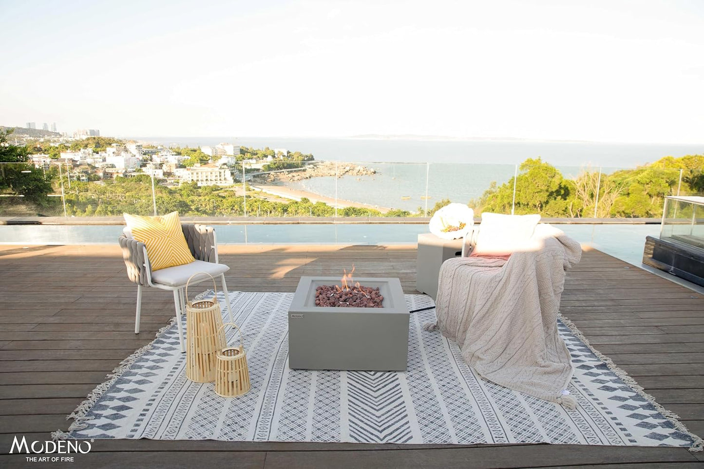 AMS Fireplace | Modeno Ridgefield Package | Light Gray Natural Gas Fire Pit Table for Outside Patio Bundle with Wind Guard, SS Burner Lid | Free Ice Bucket & Rubber Mat