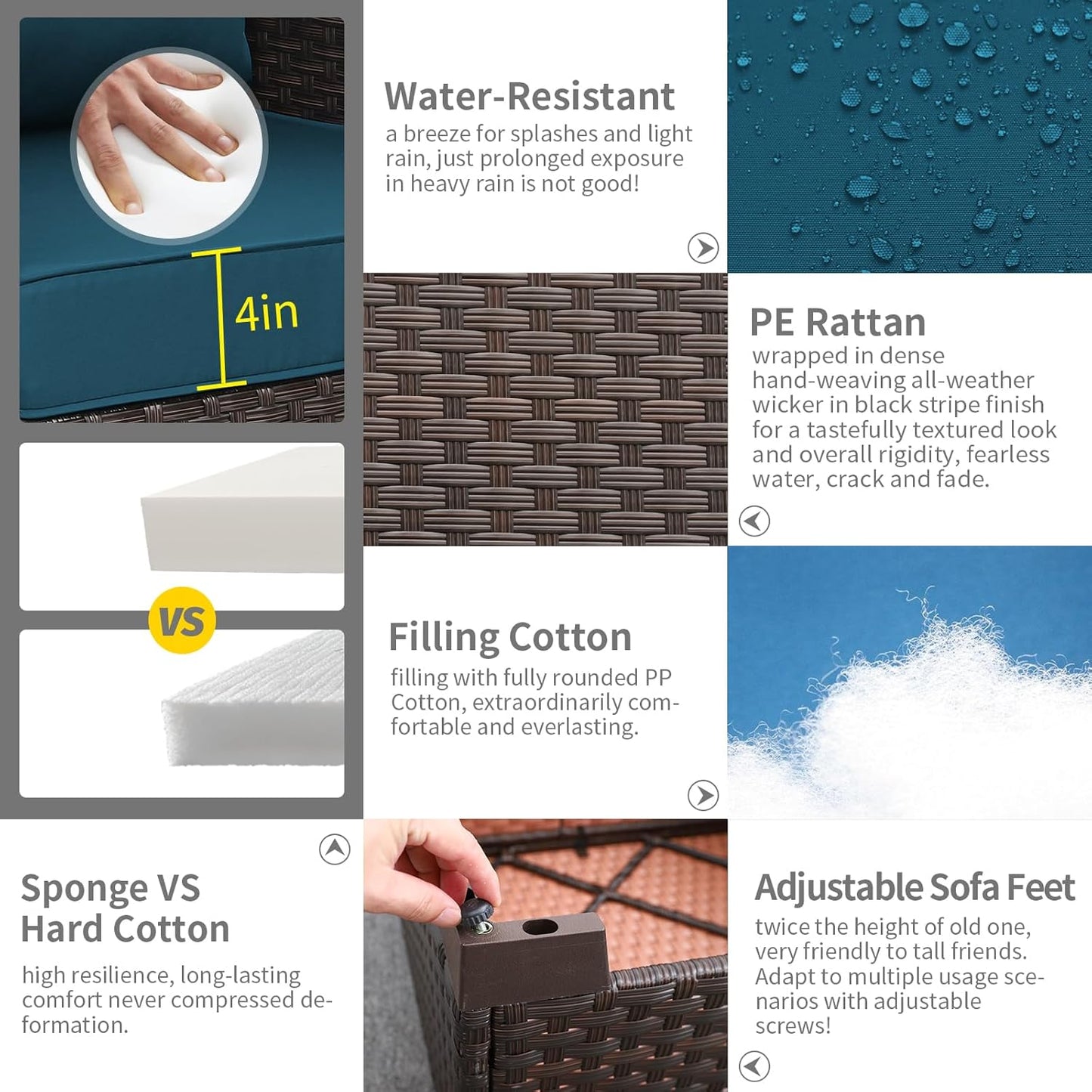 Rattaner Outdoor Furniture Wicker Outdoor Couch Patio Furniture 3-seat Sofa Deep Seat Hight Backrest Waterproof Cover Anti-Slip Cushions, Peacock Blue