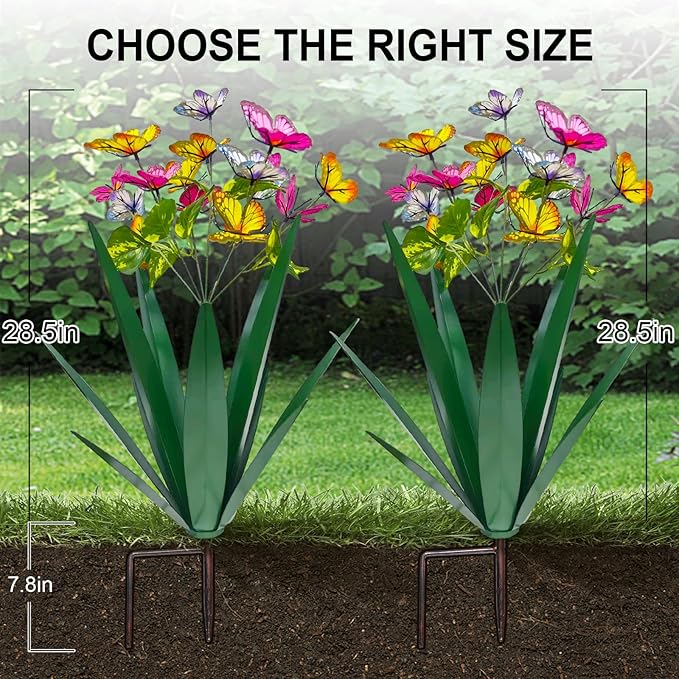 Garden Outdoor Butterfly Enlarge Thickened Wind Resistant Metal Agave Garden Art Metal Plant Country Sculpture Statue Decorations Ornaments Artificial Waterproof Butterflies(Green 3pcs)